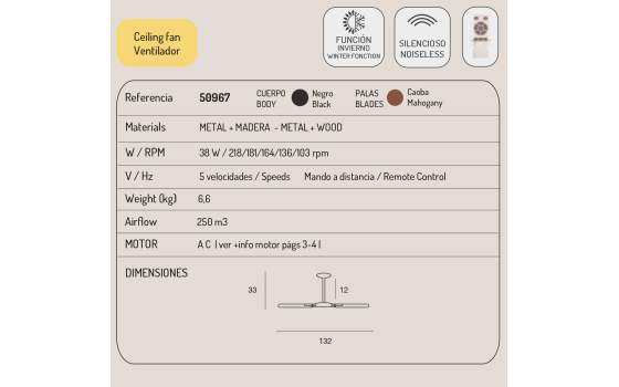 Ventilador de Techo 3 Palas Madera y Metal Rustico