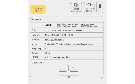 Ventilador de Techo Cromo Satinado Palas Haya