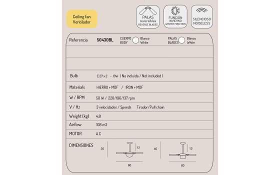 Ventilador Techo 6 Palas Blanco Con Luz