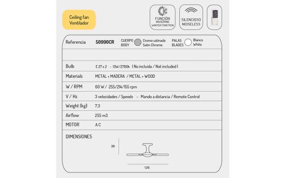 Ventilador Techo con Luz Cromo Palas Blancas