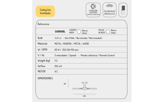 Ventilador Techo con Luz Palas Blancas con Mando