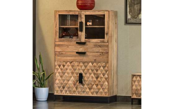 Vitrina Salon Acacia Natural 4 Puertas 2 Cajones Serie Barons