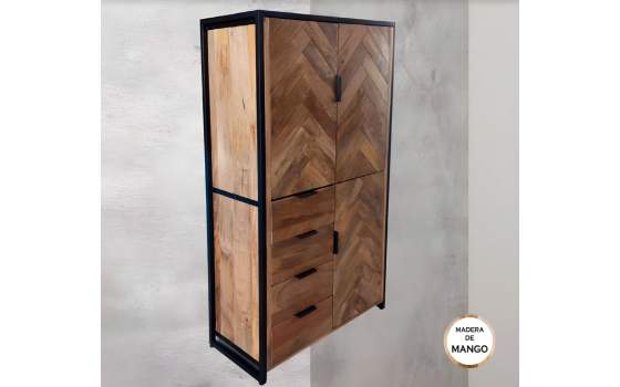 Vitrina Salon Madera Mango 3 Puertas 4 Cajones Serie Rustrie