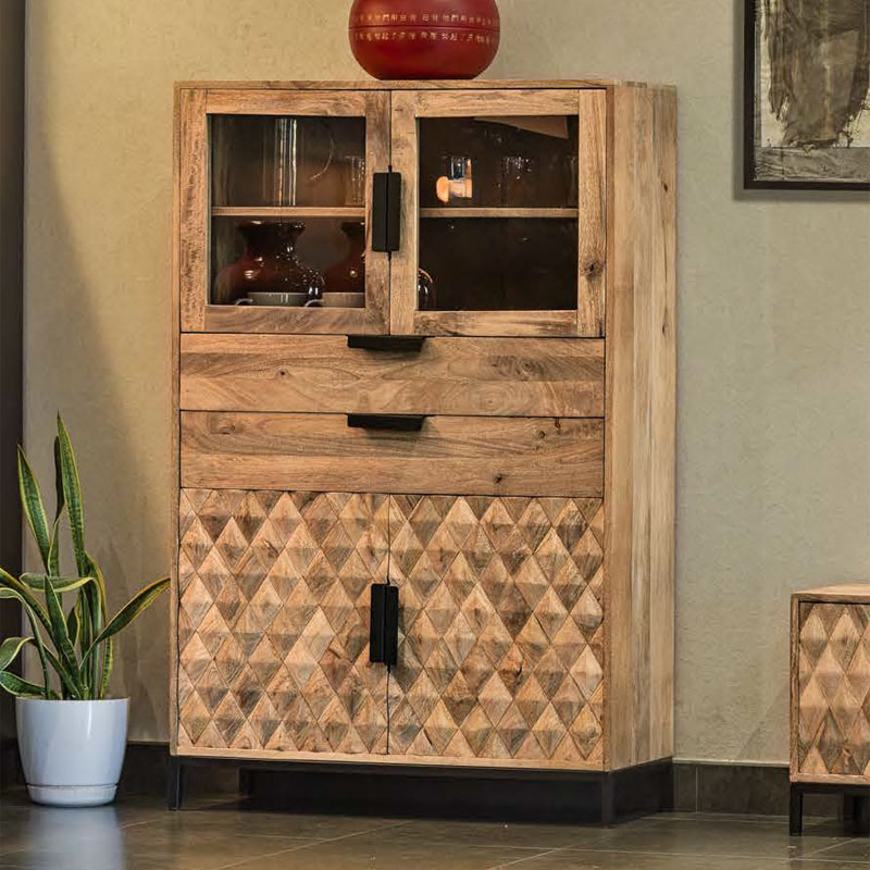 Vitrina Salon Acacia Natural 4 Puertas 2 Cajones Serie Barons