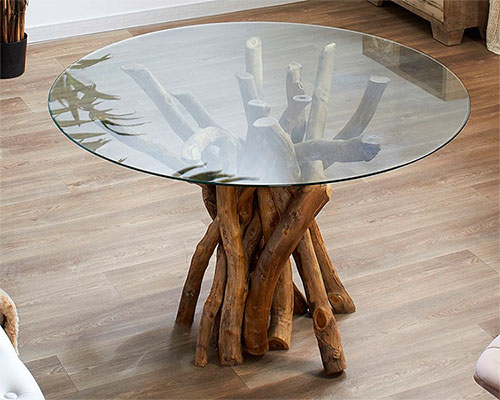 mesa troncos de teca natural con tapa de cristal redonda para salones y bodegas 130 diametro
