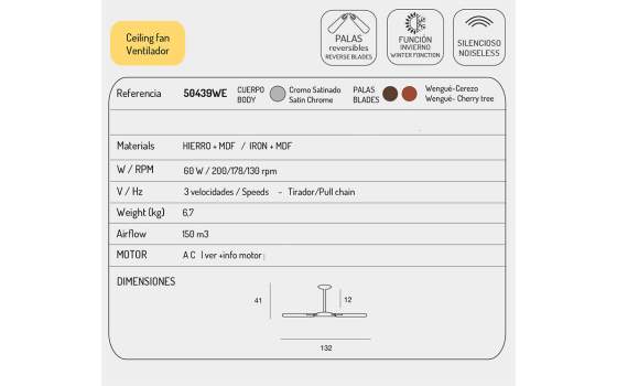 Ventilador Cromo Satinado  Palas Wengue Ventilador Cromo Satinado  Palas Wengue